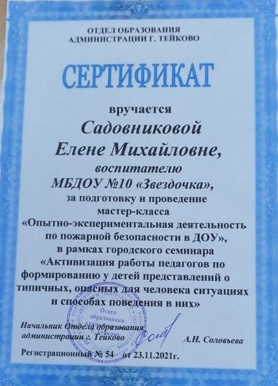 Сертификат Садовниковой Е.М. за проведение мастер-класса в рамках городского методического семинара